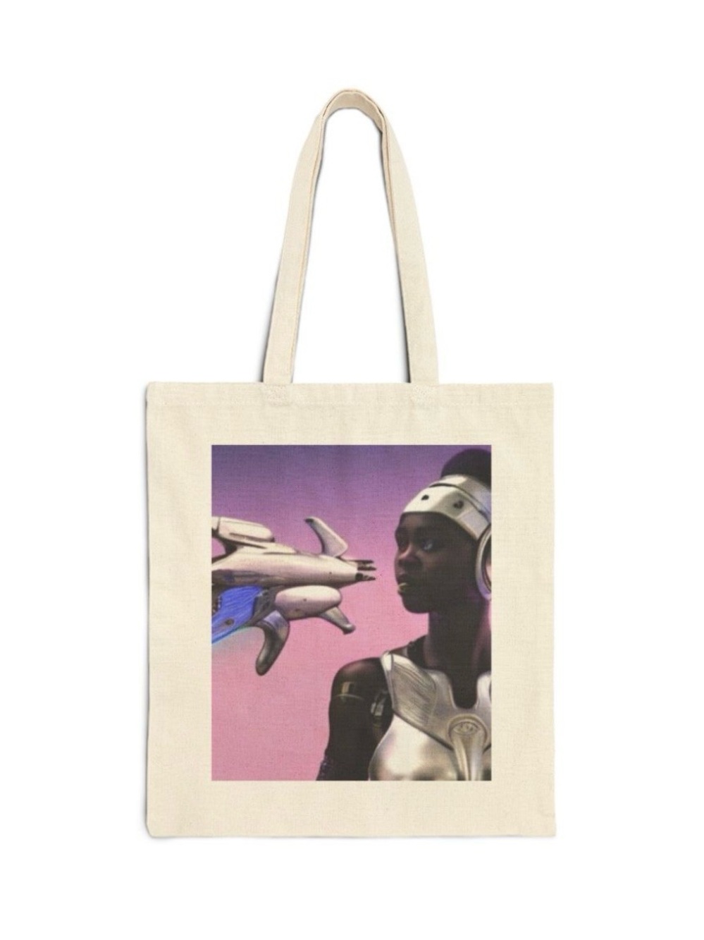 Artist Al Blue designed,Cream Graphic Canvas Tote Bag with Futuristic Print